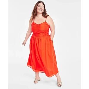 NWT On 34th Womens Red Midi Dress Size 3X Ruched Vibrant Sundress Picnic Beach